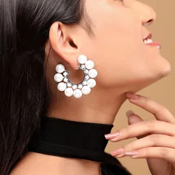 Rubans Voguish Silver-Plated Pearl Studded Geometric Half Hoop Earrings-14