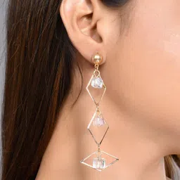 VOJ Gold-Plated Stone-Studded Geometric Drop Earrings-17