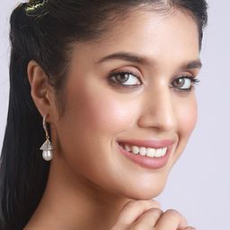 DressBerry Gold Plated American Diamond  Studded & Pearl Teardrop Shaped Drop Earrings-20