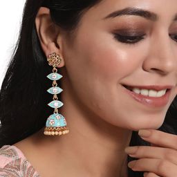 Sangria Gold-Plated Stone Studded Floral Meenakari Long Jhumka-4