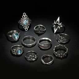 Yellow Chimes Set of 11 Silver Toned Boho Vintage Midi Finger Oxidised Silver Rings-image-92