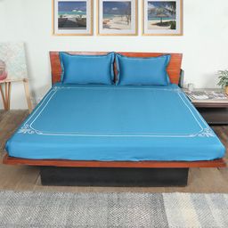 ZEBA Blue & White 400 TC Cotton King Bedsheet with 2 Pillow Covers-picture-32