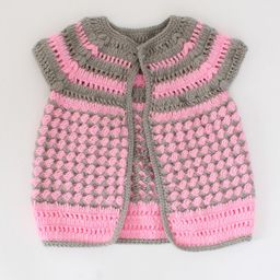 Woonie Girls Pink & Grey Self Design Crochet Cardigan-image-7