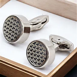 LUCKY JEWELLERY Silver Plated Textured Round Blazer Cufflinks-11