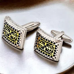 LUCKY JEWELLERY Silver Plated Textured Rectangle Blazer Cufflinks-picture-2
