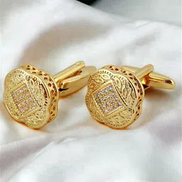 LUCKY JEWELLERY Gold Plated AD Stone Studded Textured Geometric Blazer Cufflinks-picture-16