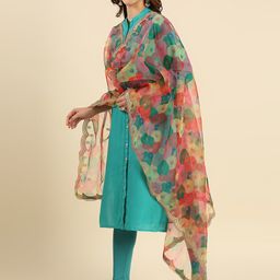 Dupatta Bazaar Women Pink & Green Printed Organza Dupatta with Embellished border-57