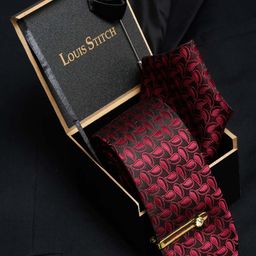 LOUIS STITCH Men Burgundy Red Italian Silk Necktie Accessory Gift Set-image-49