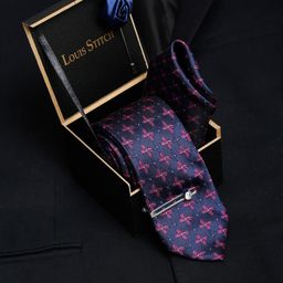 LOUIS STITCH Men Indigo Blue Italian Silk Necktie Accessory Gift Set-image-55