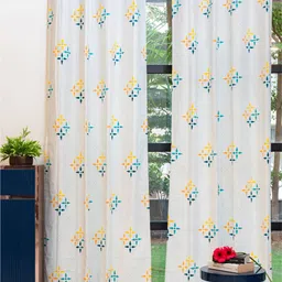 URBAN SPACE White & Yellow 2 Pieces Floral Printed Window Curtains-45