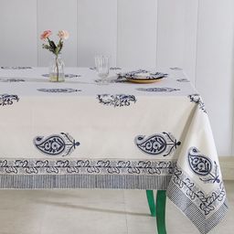 HANDICRAFT PALACE White & Blue Paisley Hand Block Printed Cotton Table Cover & 6pc Napkins-14
