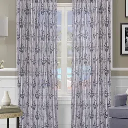 Aura Blue & Grey Set of 2 Floral Sheer Door Curtain-picture-2