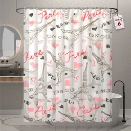 Kuber Industries 6-Pcs Pink & Grey Printed Shower Curtains With 12 Rings-45