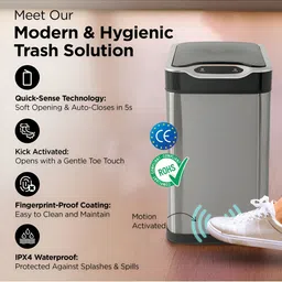 UMAI Silver Toned & Black Smart Touch Sensor Automatic Open Dustbin 16 L image 3
