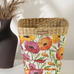 HABERE INDIA Beige & White Floral Printed Bamboo Dustbin-17