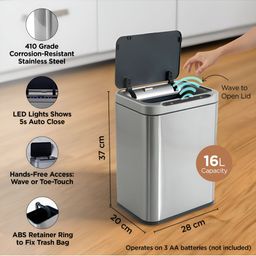 UMAI  Silver Toned & Black Smart Touch Sensor Automatic Swing Dustbin 16 L image 5
