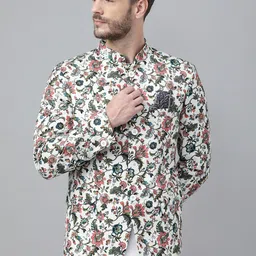 Hangup Men White & Green Printed Bandhgala Blazers-image-91