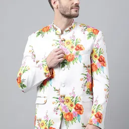 Hangup Men White & Yellow Printed Bandhgala Blazers-32