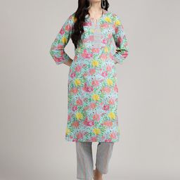 BLOCKS OF INDIA Floral Printed Regular Pure Cotton Kurta With Trousers-picture-9