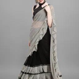 b4me.com B4ME COM White & Black Pure Georgette Block Print Saree image 2