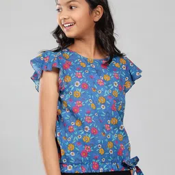 CACA CINA Flutter Sleeves Waist Tie-Up Floral Printed Cotton Top-24