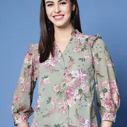 plusS Sea Green Floral Printed V-Neck Cuffed Sleeve Ruffled Shirt Style Top-image-97