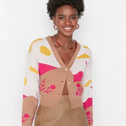 Trendyol Women Camel Brown & White Printed Crop Cardigan-image-51