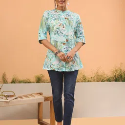 ARAVALII Women Tropical Printed Mandarin Collar Roll-Up Sleeves A-Line Top-image-76