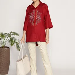 LetsDressUp Floral Printed Shirt Collar High-Low Hem Tunic-50