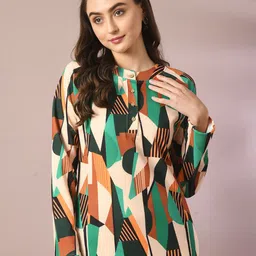 DressBerry Brown Abstract Printed Round Neck Long Sleeves Regular Top-15