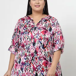 plusS Abstract Printed Mandarin Collar Roll-Up Sleeves Top-14