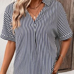 StyleCast White & Navy Blue Striped Regular Top-image-90