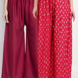 GRACIT Set of 2 Women Maroon & Pink Ethnic Motifs Printed Flared Ethnic Palazzos-image-45