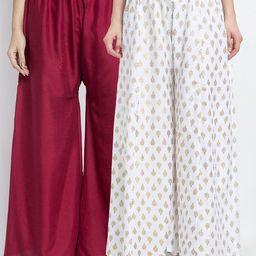 GRACIT Women Set of 2 Maroon & White Ethnic Motifs Printed Flared Knitted Palazzos-picture-40