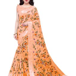 KALINI Orange & Blue Floral Printed Bagh Saree-image-54
