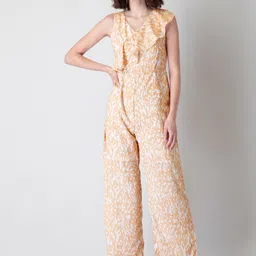 FabAlley Beige & White Printed Basic Jumpsuit with Ruffles-16