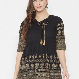 WineRed Black & Gold-Toned Pure Cotton Printed Tunic-image-41