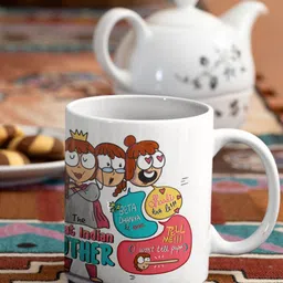 Oye Happy White & Brown Printed Ceramic Glossy Mugs-48