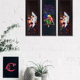 eCraftIndia Set Of 3 Brown & Blue Radha Krishna Satin Matt Texture UV Wall Art-picture-14