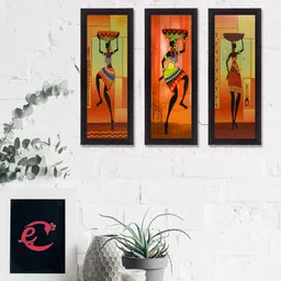 eCraftIndia Set Of 3 Orange & Green Tribal Ladies Satin Matt Texture UV Wall Art-55