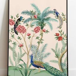 INDIAN CLASSIC ART Beige & Green Indian Vintage Palace Peacock Painting Framed Wall Art-image-64
