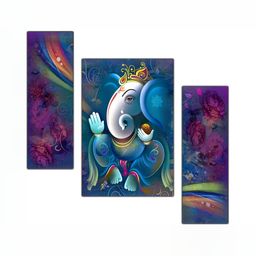 PnF Blue & White 3 Pieces Lord Ganesha Religious Wooden Painting Wall Arts-image-14