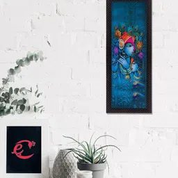 eCraftIndia Teal Blue & Orange Musical Lord Krishna Satin Matt Texture UV Wall Art-image-54