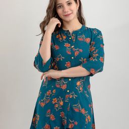 NAYRAH Teal Floral Print Mandarin Collar Shirt Style Top-image-36