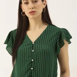 her by invictus Green Striped Flutter Sleeve Regular Top-picture-4