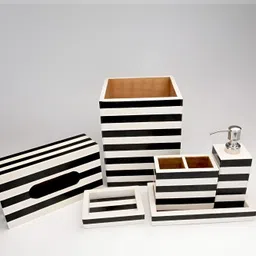 CasaGold Black & White 6 Pieces Wood Striped Bath Accessories Set-30
