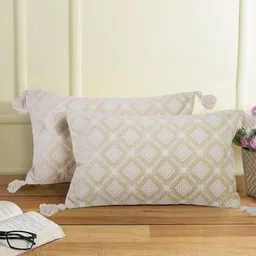 eyda Beige & Cream 2 Pieces Embroidered Velvet Rectangle Cushion Covers-image-18
