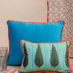 design station Blue & Green Floral Printed Velvet Rectangle Cushion Cover-image-27