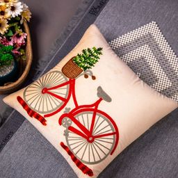STUDIOHMK Peach-Coloured & Red Embroidered Cotton Square Cushion Cover-21