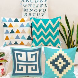 STITCHNEST Turquoise Set of 5 Blue & White Geometric Square Cushion Covers-35